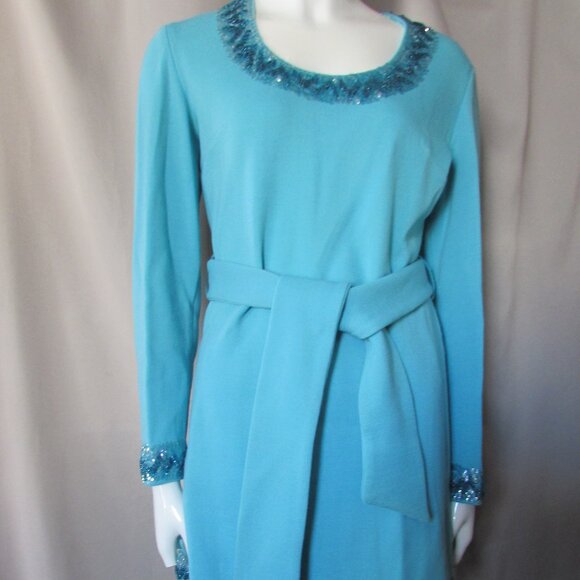 Amazing Turquoise Knit Tunic & Shorts Sequin Trim 1970 Era - Picture 2 of 14